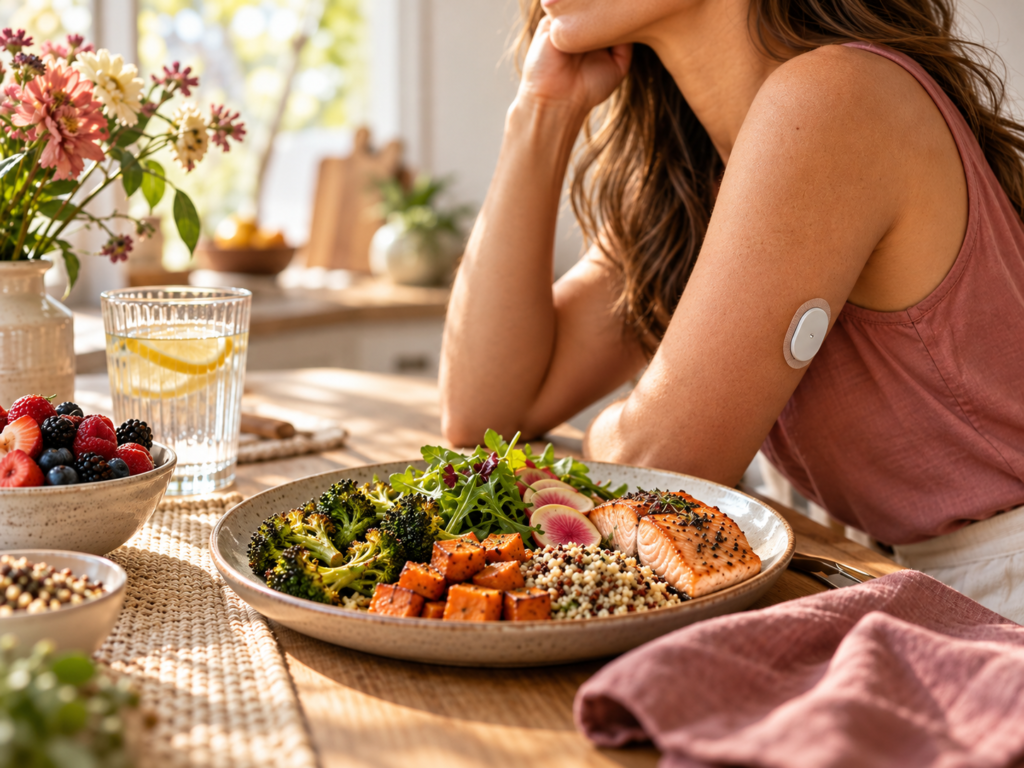 Woman wearing a continuous glucose monitor (CGM) beside a balanced salmon, quinoa and vegetable bowl