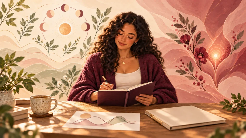 Woman using a symptom journal with subtle illustrations representing PCOS/PMOS and endometriosis.